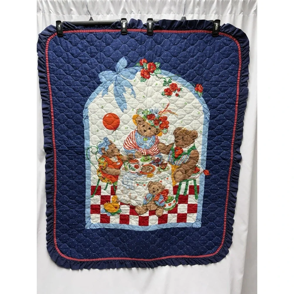 Vintage Teddy Bear Quilt Baby Toddler Cranston Print Tea Party 1990s Excellent